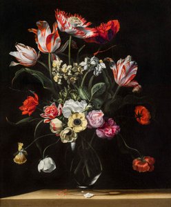 Tulpaner, påskliljor, nejlikor, vallmo, anemoner och andra blommor i en glasvas på en träavsats, en i ett par, 1600-talet av Jean Picart