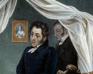 Napoleons död, 5/05/1821 i Sainte Helene Detalj som representerar Louis Etienne Saint Denis känd som "Mameluck Ali" (1788-1856). Litografi av Jean Pierre Marie Jazet (1788-1871) baserad på målningen av Charles Auguste Steuben (1788-1856) Malmaiso