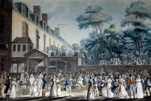 Utsikt över Paris: strandpromenaden i den turkiska trädgården. Litografi av Jean Pierre Marie Jazet (1788-1871)