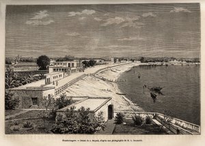 Chandernagor (nuvarande Chandannagar, i Västbengalen), på stranden av Ganges, gravyr efter teckningen av J. Moynet, som illustrerar rajahernas resa i Indien, 1864-1868, av Louis Rousselet, publicerad i "" Le tour du monde”” 1874, redigerad
