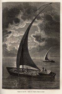 Les barques du haut Nile, reducerad besättning och passagerare som sover på däck, i månsken, gravyr efter J. Moynets teckning, som illustrerar resan till Afrikas hjärta 1868-1871, av Dr. Georges Schweinfurth, publicerad i "" Le tour du monde”” 1874, utg