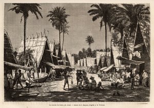 Marsch av Dobbo, på Arou Island, ett hamncentrum, animerat av många köpmän och skeppsbyggen, graverad efter teckningen av J. Moynet, som illustrerar resan till den malaysiska skärgården 1854-1862, av Alfred Russell Wallace (1823-1913) ), en brittisk