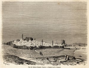Vy över Baku (Ryssland, Azerbajdzjan), teckning av Mr. Moynet, för att illustrera resan till Kaspiska havets kust, i oktober 1858, av Mr. Moynet. Gravyr i "" Le tour du monde, nouveau journal des voyages"" Paris