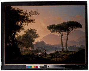 Morgon och kväll: Ett klassiskt landskap med herdar och nymfer vid en sjö, ett slott på en kulle bortom av Jean Pierre Pequignot