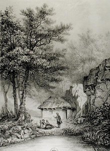 Jean-Jacques Rousseaus (1712-78) Stuga i Ermenonville, 1842 av Jean Pierre after Thenot