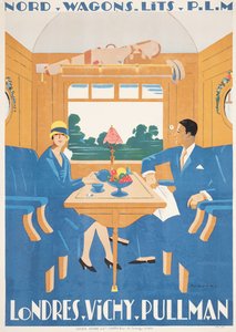 Reklamaffisch för snabbtåget London till Vichy Pullman av Jean Raoul Chaurand Naurac