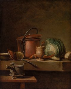 Stilleben med kopparkruka, kål, mortelstöt och spis av Jean Baptiste Simeon Chardin