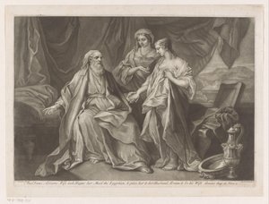 Sara stelt Hagar voor aan Abraham Och Sarai Abrams hustru tog Hager sin piga den egyptiska och gav henne till sin man Abram för att vara hans hustru (titel på objektet)