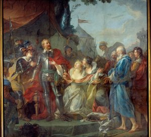 Belägringen av Calais 1347 var förtäringen av Eustache av Sankt Peter, den mest kända av de sex borgarna i Calais, som gick till kungen av England Edward III, för att vädja om invånarna i Calais nåd (augusti 1347). Målning av Jean Simon