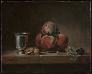 Stilleben med persikor, en silverbägare, vindruvor och valnötter av Jean Baptiste Simeon Chardin