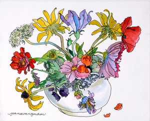 Black Eyed Susans, Queen Annes Lace  Cosmos in Blue  White China Bowl (akvarell och tusch på papper)