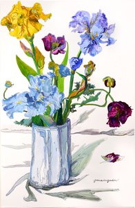 Irises, Poppies in Silver Vase (akvarell  bläck på papper)