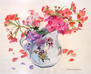 Vårblommor i Limoges Du Barry Creamer (akvarell och bläck på papper)