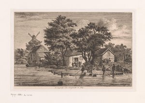 Utsikt över den engelska västen i Antwerpen där trädstammar samlas, i bakgrundsbyggnaderna och en väderkvarn Den engelska västen färdigställd 1867 (titel på objekt) av Jean Théodore Joseph Linnig