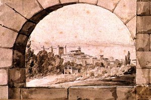 Utsikt över staden och sjön Bracciano, ca 1810 (penna & sepia bläck med sepia tvätt på papper) av Jean Thomas Thibault