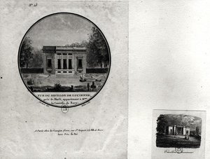 Utsikt över en paviljong i Louveciennes byggd av Claude-Nicolas Ledoux (1736-1806) för Madame du Barry (wc på papper) av Jean Testard