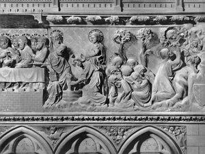 Katedral, interiör, korduk, Nattvarden, Jesus Kristus tvättar apostlarnas fötter, Kristus i Olivträdgården, ca 1340-51 (polykrom sten)