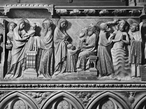 Katedral, interiör, körskärm, Presentation av Jesus i templet, Jesus bland läkarna, Kristi dop, ca 1340-51 (polykrom sten)