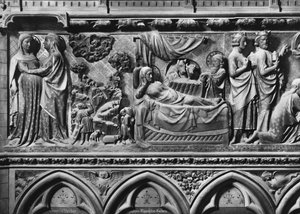 Katedral, interiör, körskärm, Visitation, Bebådelse för herdarna, Födelse, c.1340-51 (polykrom sten) av Jean and Jean Le Boutellier Ravy