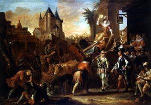 Komikernas ankomst till Le Mans målning som illustrerar ""The Comic Roman"" av Paul Scarron (1610-1660). Målning av Jean-Baptiste (Jean Baptiste) Coulom (eller Coulon) (ca 1695-1735)