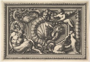 Design för en panel med två varianter innehållande en Satyr och en Sphynx, från: Pannea..., 1600-talet. av Jean le Pautre