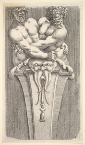 Design för en termin med två bacchiska figurer, från: Curieuses Recherches de Several Beaus..., 1645. av Jean le Pautre