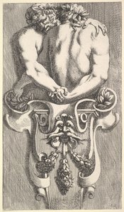 Design för en termin med två omfamnande satyrer, från: Curieuses Recherches de Several Beaus..., 1645. av Jean le Pautre