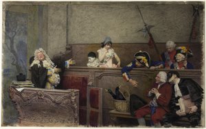 Rättegång med Pierrot (akvarell och gouache, över grafit, på krämskiva)