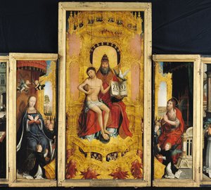 Polyptyk om förhärligandet av den heliga treenigheten, central panel som visar treenigheten, jungfrun och Johannes Döparen, ca 1509-16