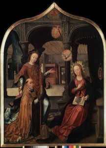 ""representation av tillkännagivandet med skyddshelgonet Guillaume av Bryssel"" Central panel i triptyken av tillkännagivandet (Bekännelsen). Målning på trä av Jean Bellegambe den äldre (1470-1534) Sankt Petersburg, Eremitaget