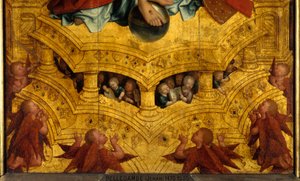 Treenigheten, detalj. Änglar. Central del av Anchin polyptyk. Målning av Jean Bellegambe (eller Jehan Bellegambe av Jean the Elder Bellegambe