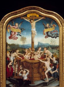 Det mystiska badet. Vid foten av det kors som Kristus korsfästes på badar män och kvinnor i en källa av blod från Messias kropp. Centrala delen av triptyken. Målning på trä av Jean Bellegambe den äldre (1470-1535) 1510-1520 Sön. 0,81x0