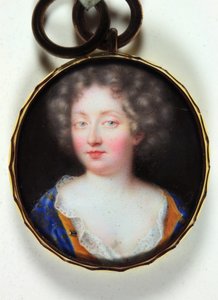 En dam i en orange fodrad blå klänning (emalj) av Jean the Elder Petitot