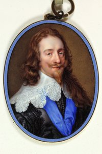 Kung Charles I i lila svart habit med spetskrage och blått strumpeband