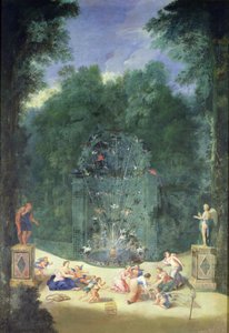 The Groves of Versailles: Utsikt över ingången till labyrinten med fåglar, nymfer och keruber, 1688