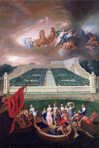 Utsikt över Orangeriet och Chateau de Versailles med bortförandet av Helen, 1688
