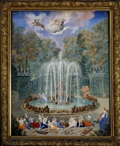 Utsikt över stjärnans eller vattenbergets lund i Versailles trädgårdar med Alphee som förföljer Arethuse och på himlen, Diane leder sin vagn, Målning av Jean Cotelle the Jeune (1645-1708) 1600-talet, Dim 2,01 x1, 37 m - Utsikt över Grove of the
