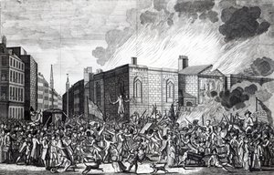 En exakt representation av upprorsmakarnas brännande, plundrande och förstörelse av Newgate den minnesvärda 7 juni 1780, graverad av Henry Roberts, 1781 av Jefferyes Hammett O