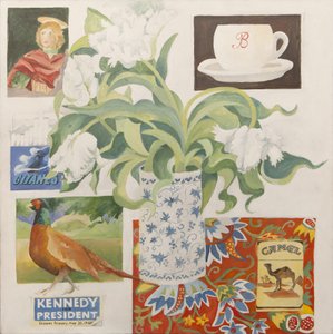 Ephemera, bl.a. kaffekopp, cigarettpaket, vykort och tulpaner av Jennifer Abbott