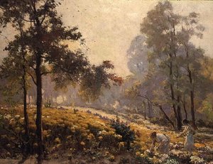 Kvinnor som plockar gula blommor i ett skogslandskap av Jeno Karpathy
