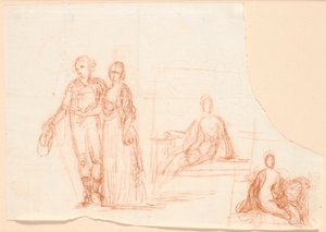Kompositionsutkast till familjebilden Ryberg; till höger, utkast till en sittande kvinnofigur av Jens Juel