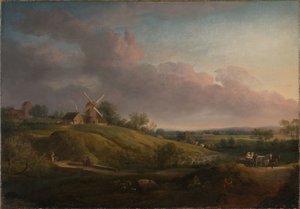Landskap med en kyrka och en kvarn av Jens Juel