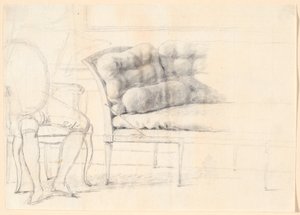 Studie till familjeporträttet Holmskiold från 1787: den stoppade soffan, och till vänster en stol med Holmskiolds figur skisserad av Jens Juel