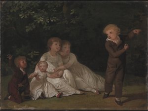 Konstnärens fem barn i en trädgård. Studie av Jens Juel