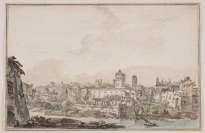 Stadsprospekt med hus och kyrka vid floden. Antika Rom av Jens Petersen Lund