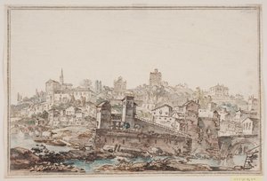 Stadsprospekt med hus och kyrka vid floden. Antika Rom av Jens Petersen Lund