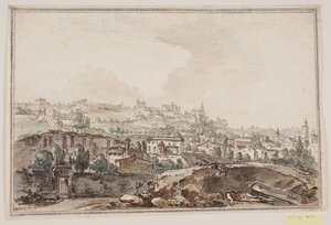 Stadsprospekt med hus och mur vid flod; i bakgrunden kyrkor och palats av Jens Petersen Lund