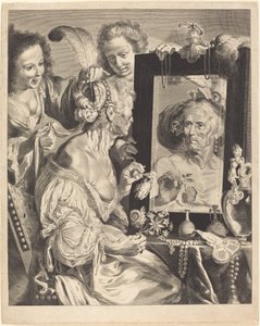 En gammal kvinna vid toalettbordet av Jeremias Falck after Johann Liss after Bernardo Strozzi
