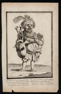 Man bär en uppsättning säckpipor och bär en påfågelfjäderhuvudbonad, surrealistiskt dräkttryck, c1700 (gravyr) av Jeremias Wolff