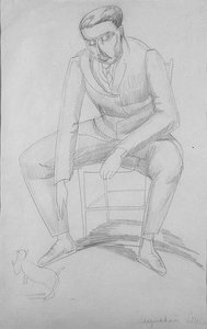 Wyndham Lewis (1884-1957) med katt, ca 1920 (penna på papper)
